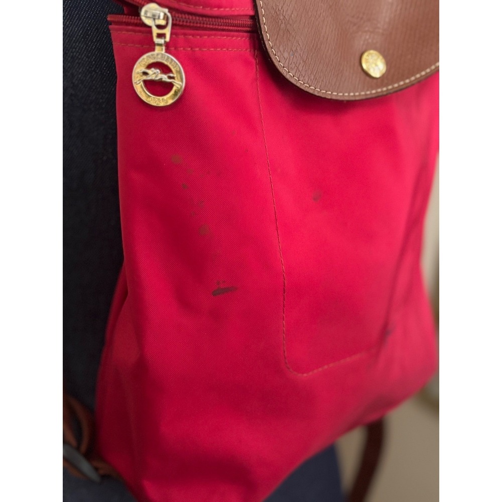 Longchamp Le Pliage Red Nylon Backpack Women Gold Zip Leather Trim STAINED - Picture 6 of 15